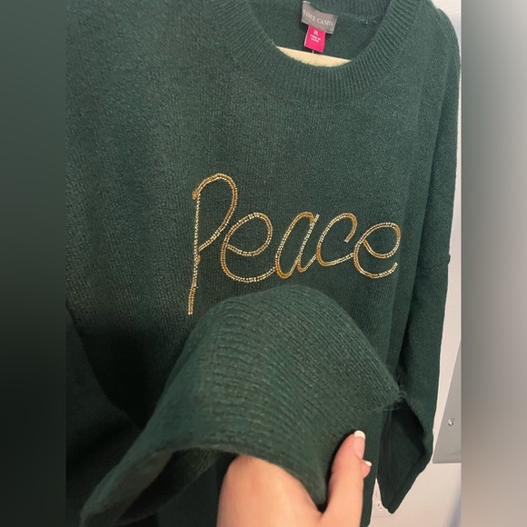 Vince Camuto Forest Green Sweater with Gold Peace Embroidery NWT - Picture 2 of 5